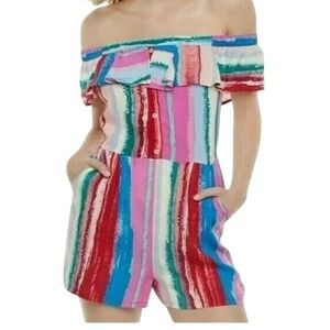 Candie's Marilyn Striped Off The Shoulder Size‎ Medium Colorful Short Romper NWT